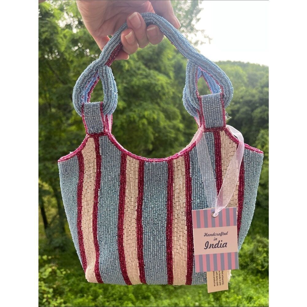 Viral Beaded Bag - Handcrafted Beaded Stripe Mini Tote - Blue, Cream & Red